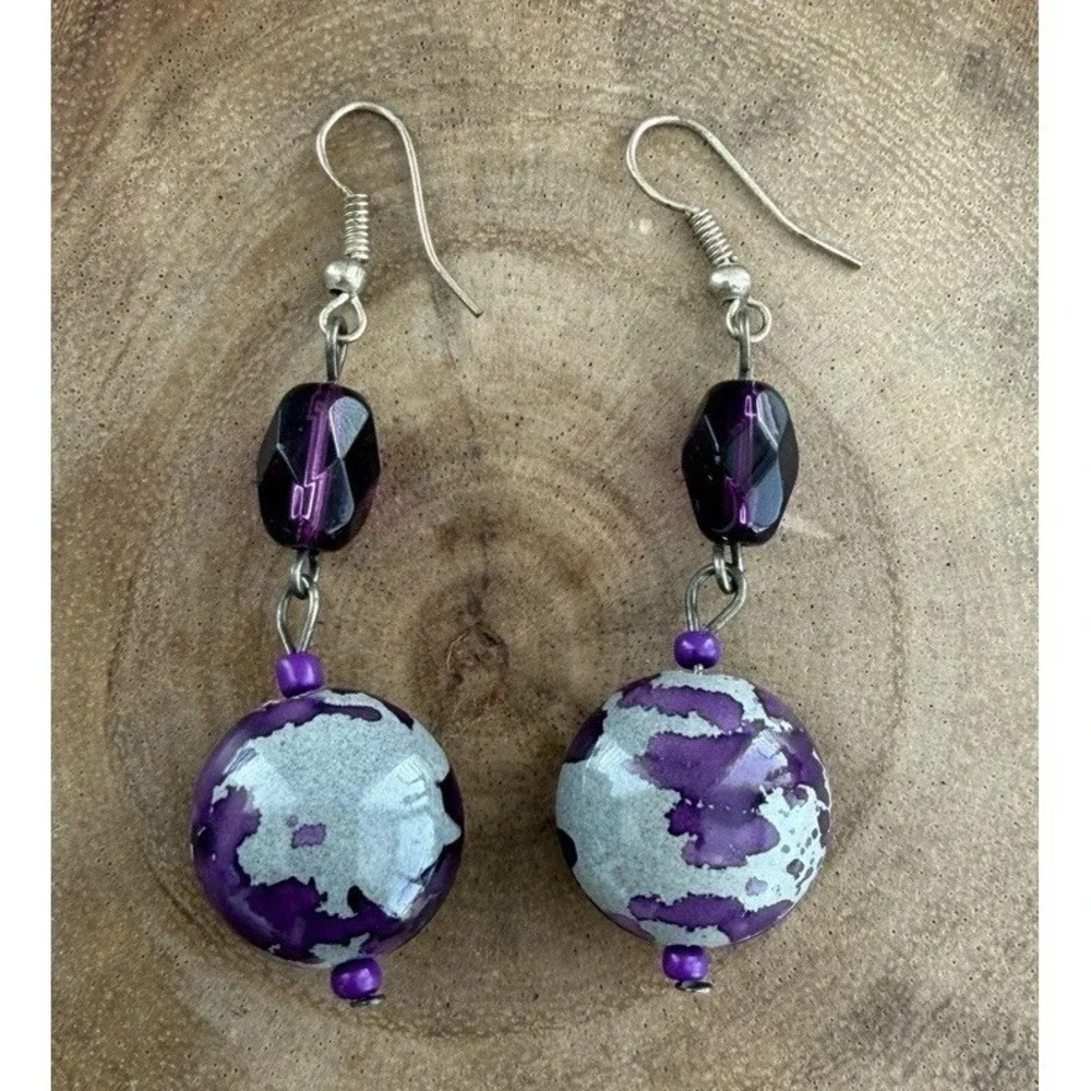 Womens Purple & Gray Crystal Bead Dangle Drop Earrings Faceted Silver Tone